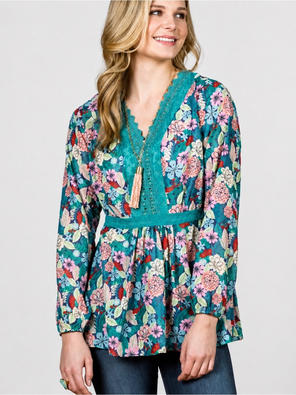 Matilda Jane Kookaburra Floral Babydoll Top Large Green Boho Crochet V-Neck